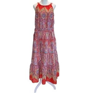Talbots Petite Red Paisley Cotton Tiered Maxi Dress 16P Sleeveless Halter Belted